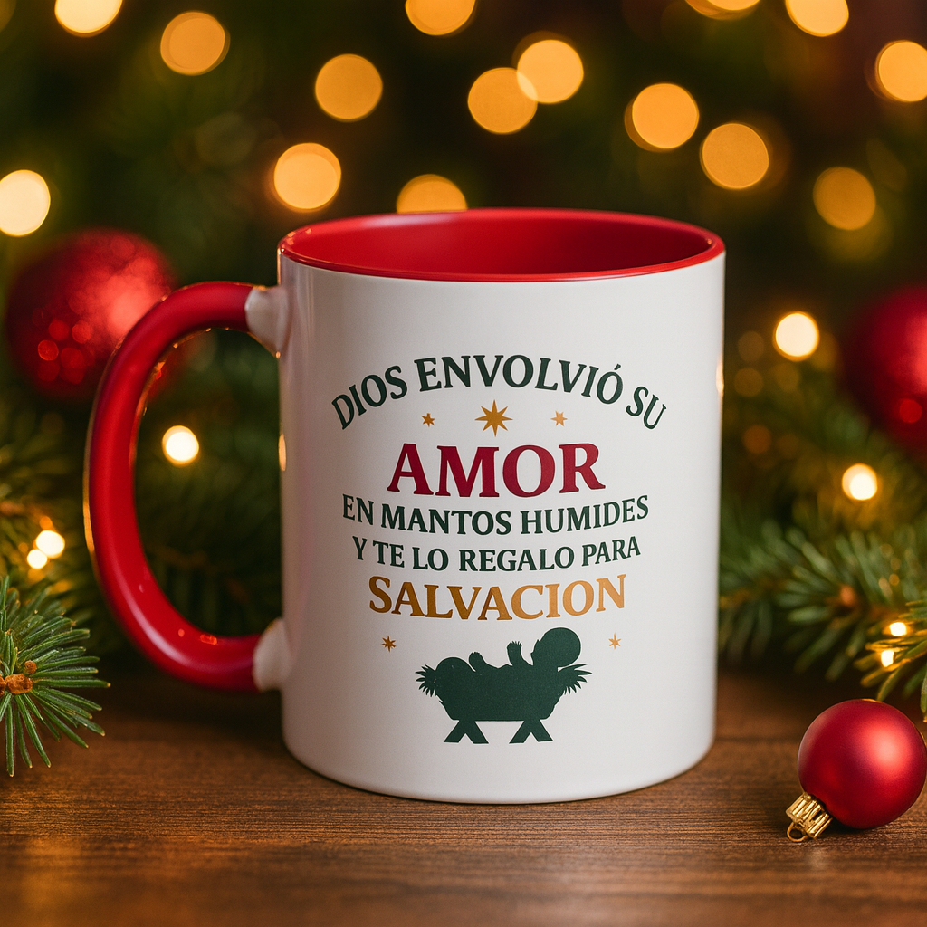 Dios envolvió su amor en mantos humildes Taza con acento rojo 11oz y 15oz